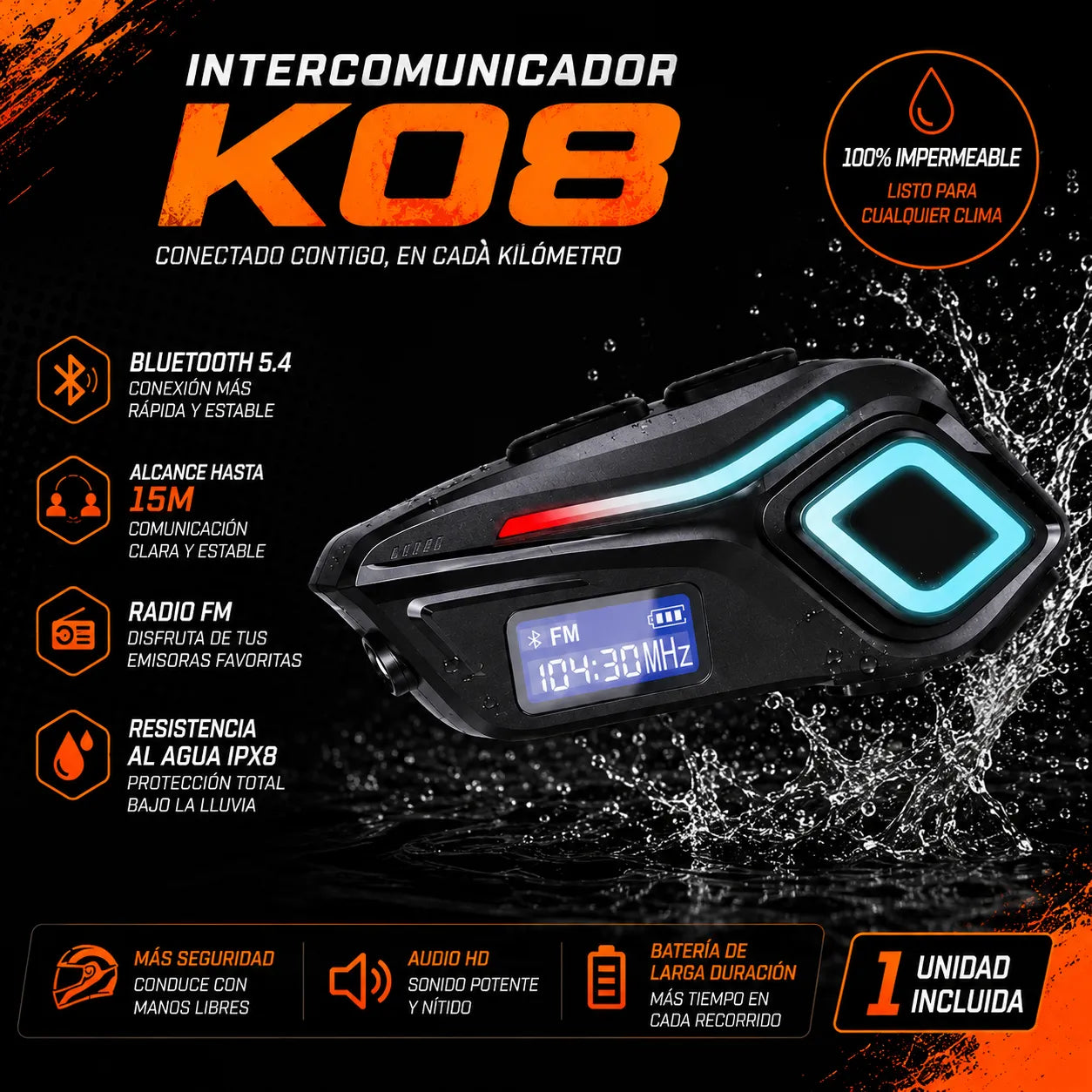 Intercomunicador Bluetooth K08 para Moto | Radio FM e IPX8 Resistente al Agua