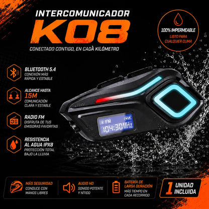Intercomunicador Bluetooth K08 para Moto | Radio FM e IPX8 Resistente al Agua